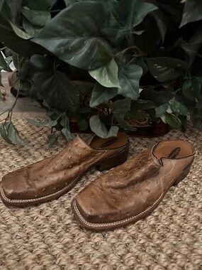 Lucchese Brown Ostrich Leather Mules